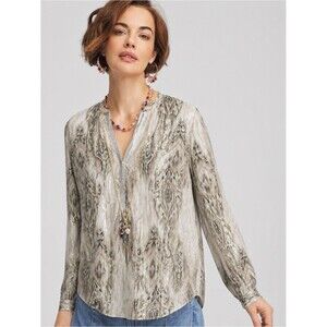 NEW Chico's 2 Neutral Ikat-Pattern Long-Sleeve Tunic Metallic Allover Boho Chic